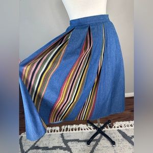 Blue Midi Skirt with Multicolor Striped Inset M/L.